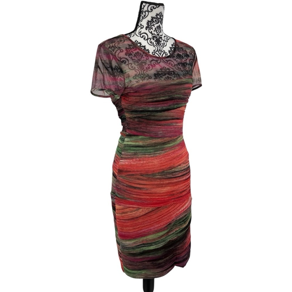 BCBG MaxAzria Donna Colorful Ruched Unique Mesh Bodycon Cap Sleeve Sheath Dress - Picture 10 of 16